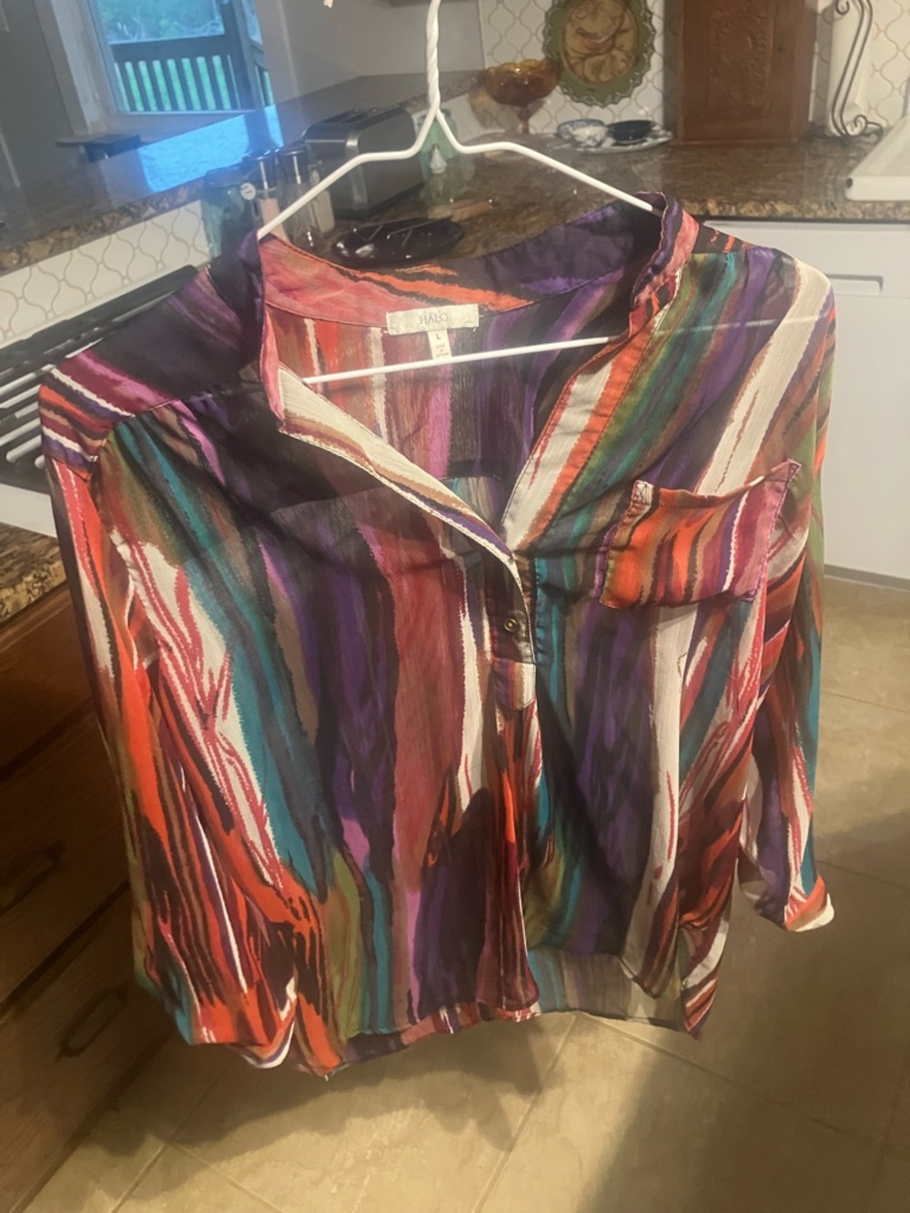 Halo Multicolor Brushstroke Stripe Blouse in Purple, Orange and Pink